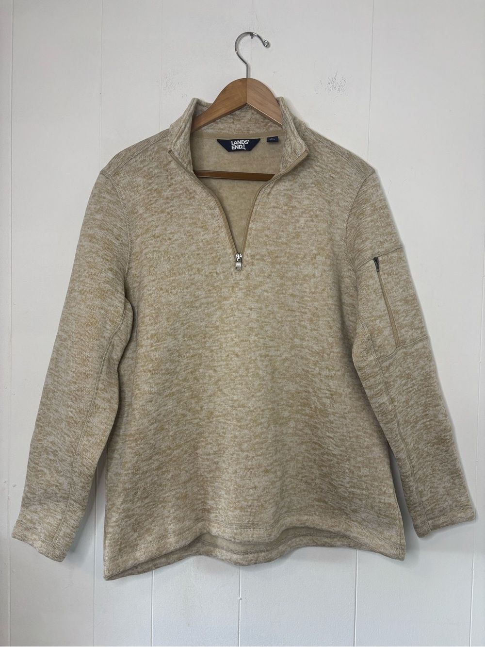 Lands' End 1/4 Zip Pullover Fleece Sweater Heather Tan/Cream Neutral Women’s XL